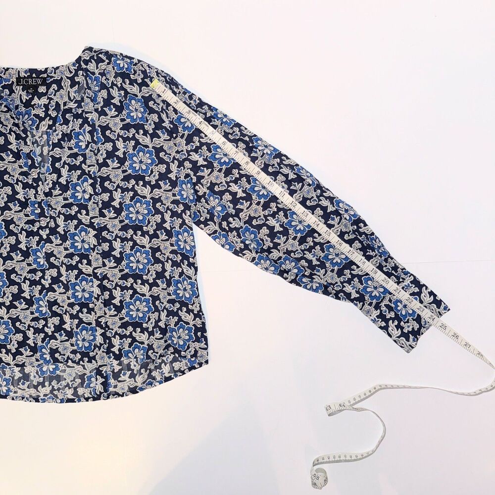 J.Crew V Neck Tie Top Floral Cotton Blend Dobby Blue Floral Long Puff Sleeve M - Picture 11 of 14